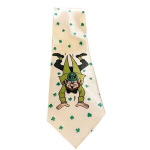 *Happy Leprechaun Mens Necktie St Patricks Day Irish Shamrock White Green Tie